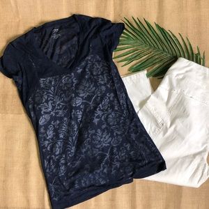 EXPRESS Navy sheer damask layering tee.
